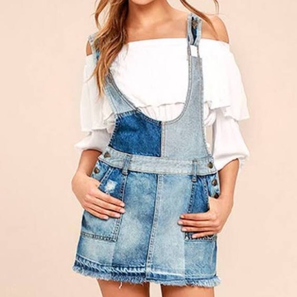Free People patchwork denim overall dress. Size 8.